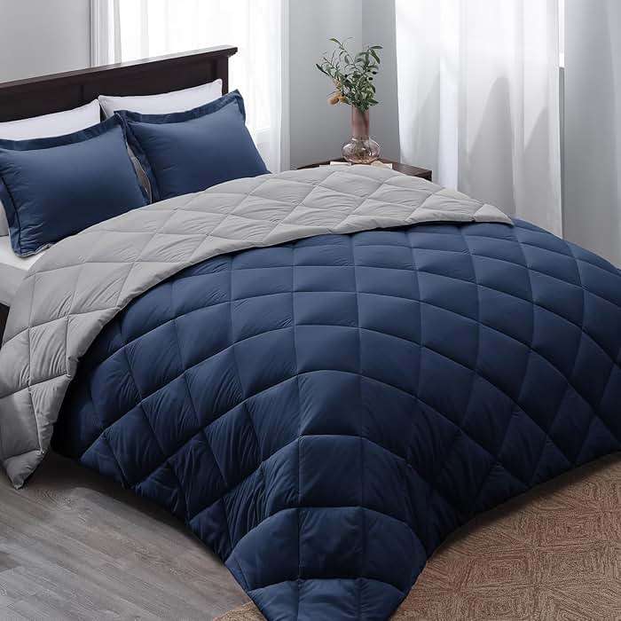 Basic Beyond Queen Comforter Set - Navy Blue Comforter Set Queen Size, Reversible Bed Comforter Queen Set for All Seasons, Navy/Grey, 1 Comforter (88"x92") and 2 Pillow Shams (20"x26"+2") - Image 1
