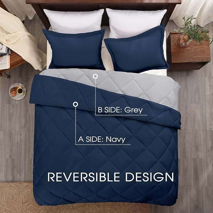 Basic Beyond Queen Comforter Set - Navy Blue Comforter Set Queen Size, Reversible Bed Comforter Queen Set for All Seasons, Navy/Grey, 1 Comforter (88"x92") and 2 Pillow Shams (20"x26"+2") - Image 2