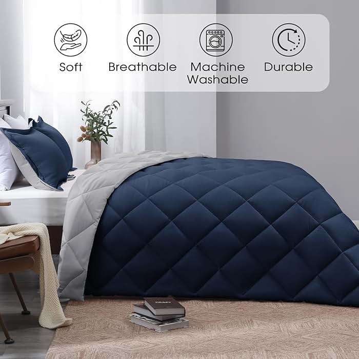 Basic Beyond Queen Comforter Set - Navy Blue Comforter Set Queen Size, Reversible Bed Comforter Queen Set for All Seasons, Navy/Grey, 1 Comforter (88"x92") and 2 Pillow Shams (20"x26"+2") - Image 3
