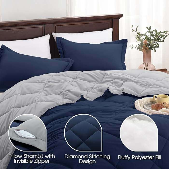Basic Beyond Queen Comforter Set - Navy Blue Comforter Set Queen Size, Reversible Bed Comforter Queen Set for All Seasons, Navy/Grey, 1 Comforter (88"x92") and 2 Pillow Shams (20"x26"+2") - Image 4