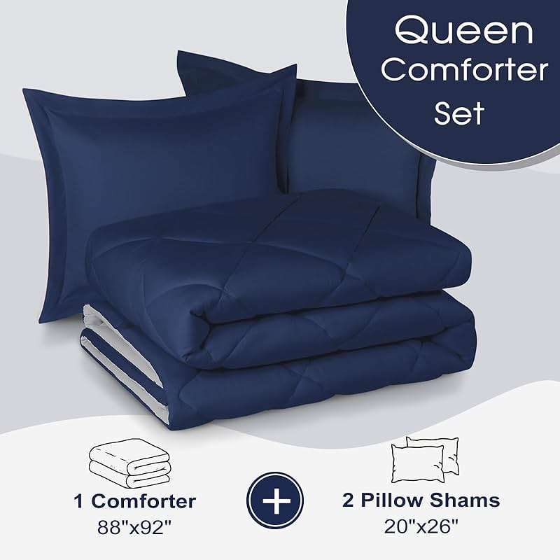 Basic Beyond Queen Comforter Set - Navy Blue Comforter Set Queen Size, Reversible Bed Comforter Queen Set for All Seasons, Navy/Grey, 1 Comforter (88"x92") and 2 Pillow Shams (20"x26"+2") - Image 6