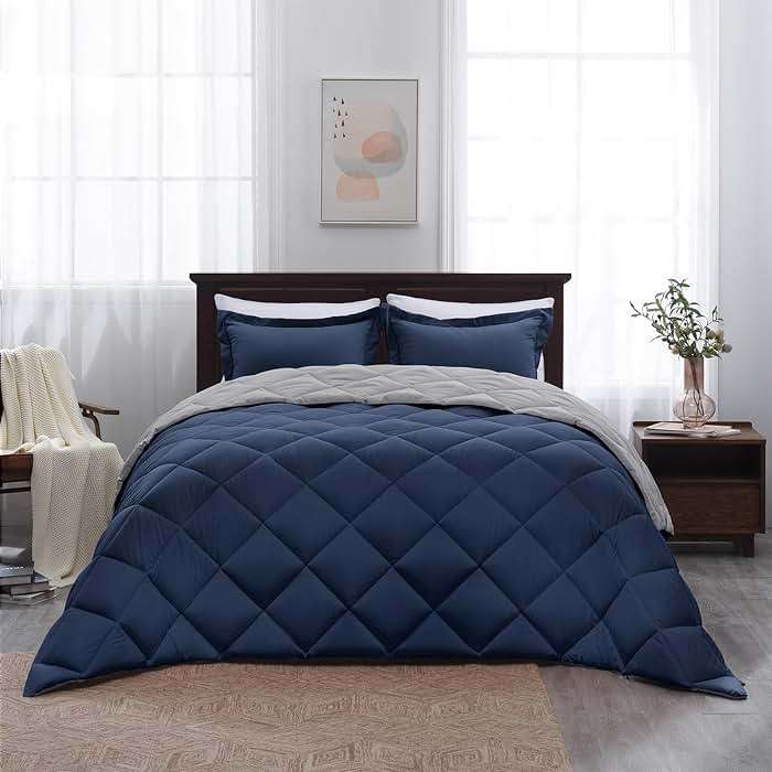 Basic Beyond Queen Comforter Set - Navy Blue Comforter Set Queen Size, Reversible Bed Comforter Queen Set for All Seasons, Navy/Grey, 1 Comforter (88"x92") and 2 Pillow Shams (20"x26"+2") - Image 8