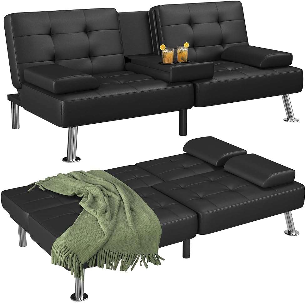 Flamaker Futon Sofa Bed Modern Folding Futon Set Convertible Recliner Lounge for Living Room with 2 Cup Holders, Removable Armrests (PU Leather, Black) - Image 1