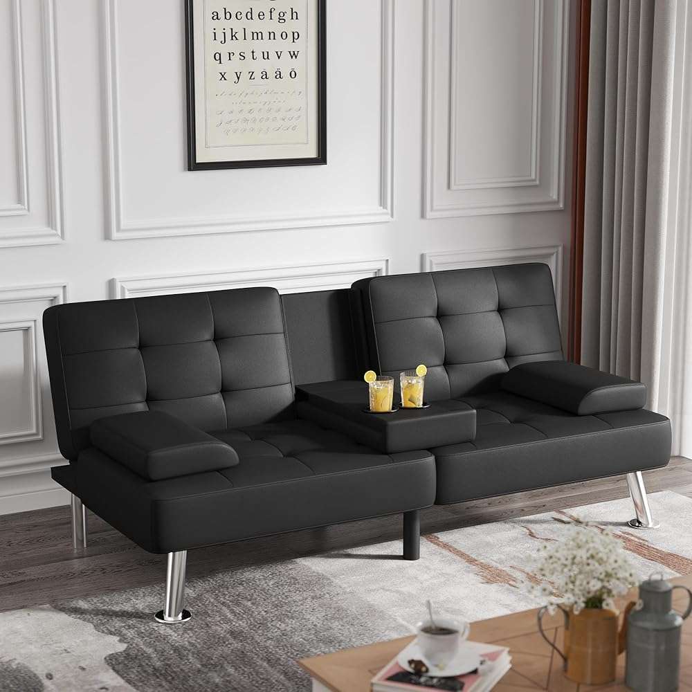 Flamaker Futon Sofa Bed Modern Folding Futon Set Convertible Recliner Lounge for Living Room with 2 Cup Holders, Removable Armrests (PU Leather, Black) - Image 2