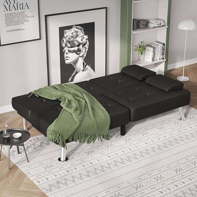 Flamaker Futon Sofa Bed Modern Folding Futon Set Convertible Recliner Lounge for Living Room with 2 Cup Holders, Removable Armrests (PU Leather, Black) - Image 4