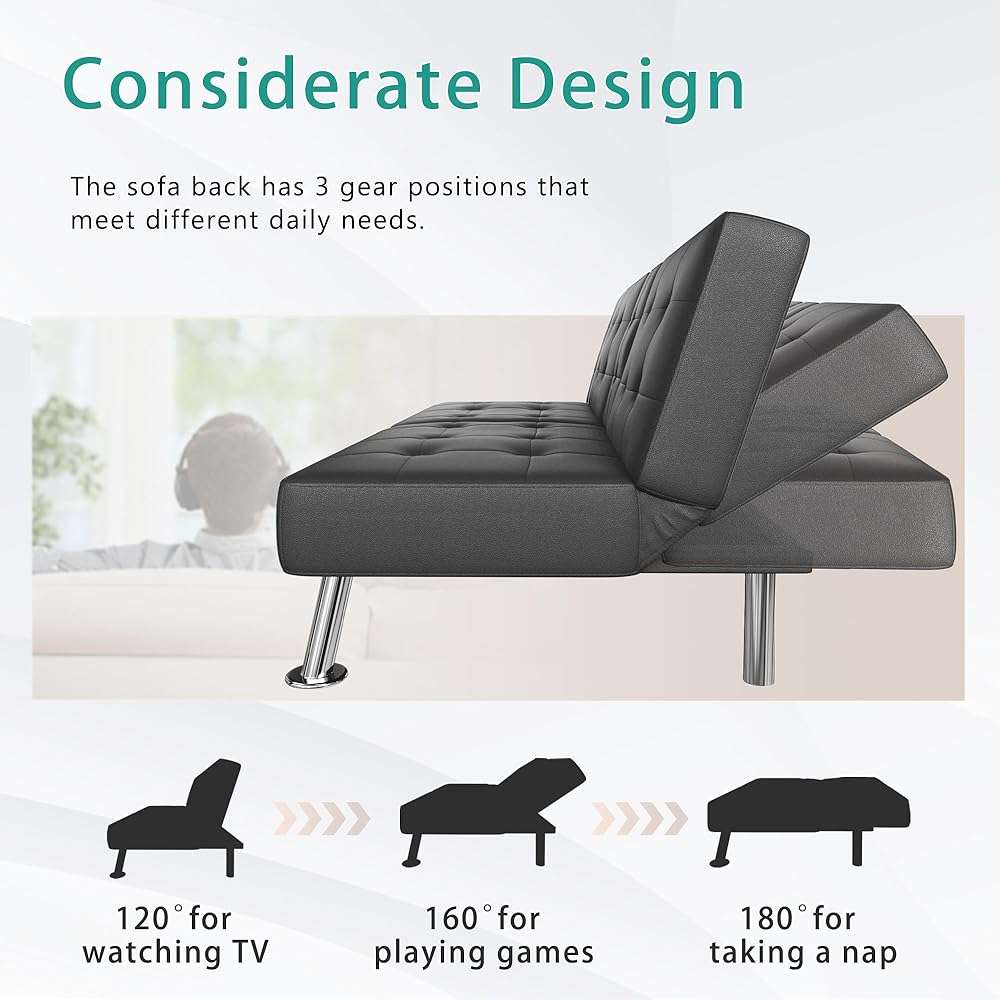 Flamaker Futon Sofa Bed Modern Folding Futon Set Convertible Recliner Lounge for Living Room with 2 Cup Holders, Removable Armrests (PU Leather, Black) - Image 6