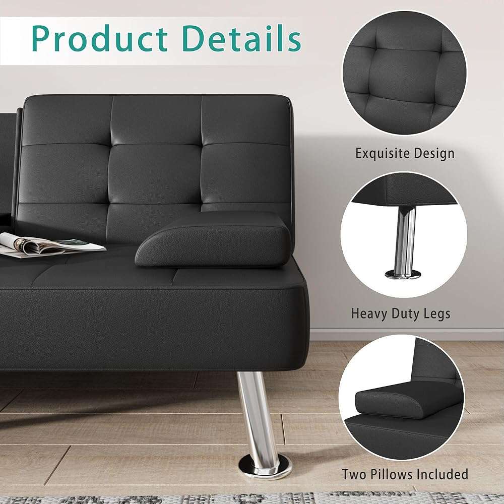 Flamaker Futon Sofa Bed Modern Folding Futon Set Convertible Recliner Lounge for Living Room with 2 Cup Holders, Removable Armrests (PU Leather, Black) - Image 7