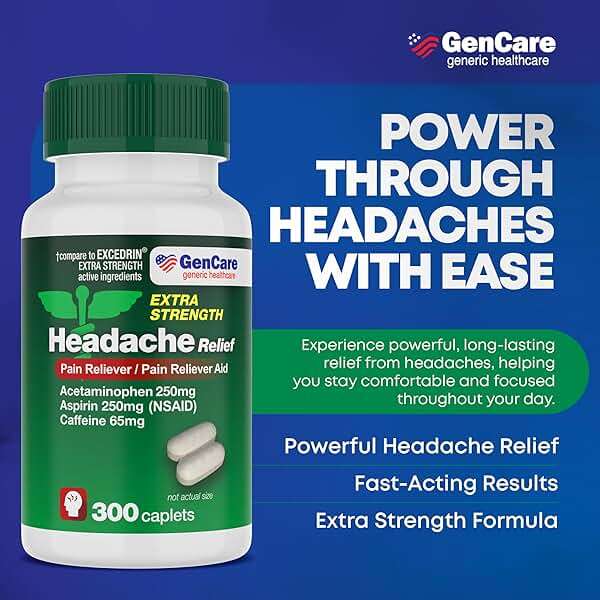 GenCare - Headache Relief Acetaminophen with Aspirin (NSAID) & Caffeine (300 Caplets) Value Pack | Head Pain, Muscle Aches, Back Pain & Body | Generic ExcedrEn Extra Strength - Image 2