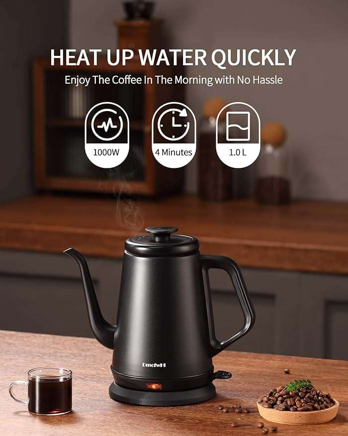 DmofwHi Gooseneck Electric Kettle(1.0L),1000W Electric Tea Kettle of 304 Stainless Steel,Auto Shut off,Water Kettle for Coffee and Tea -Matte Black - Image 4