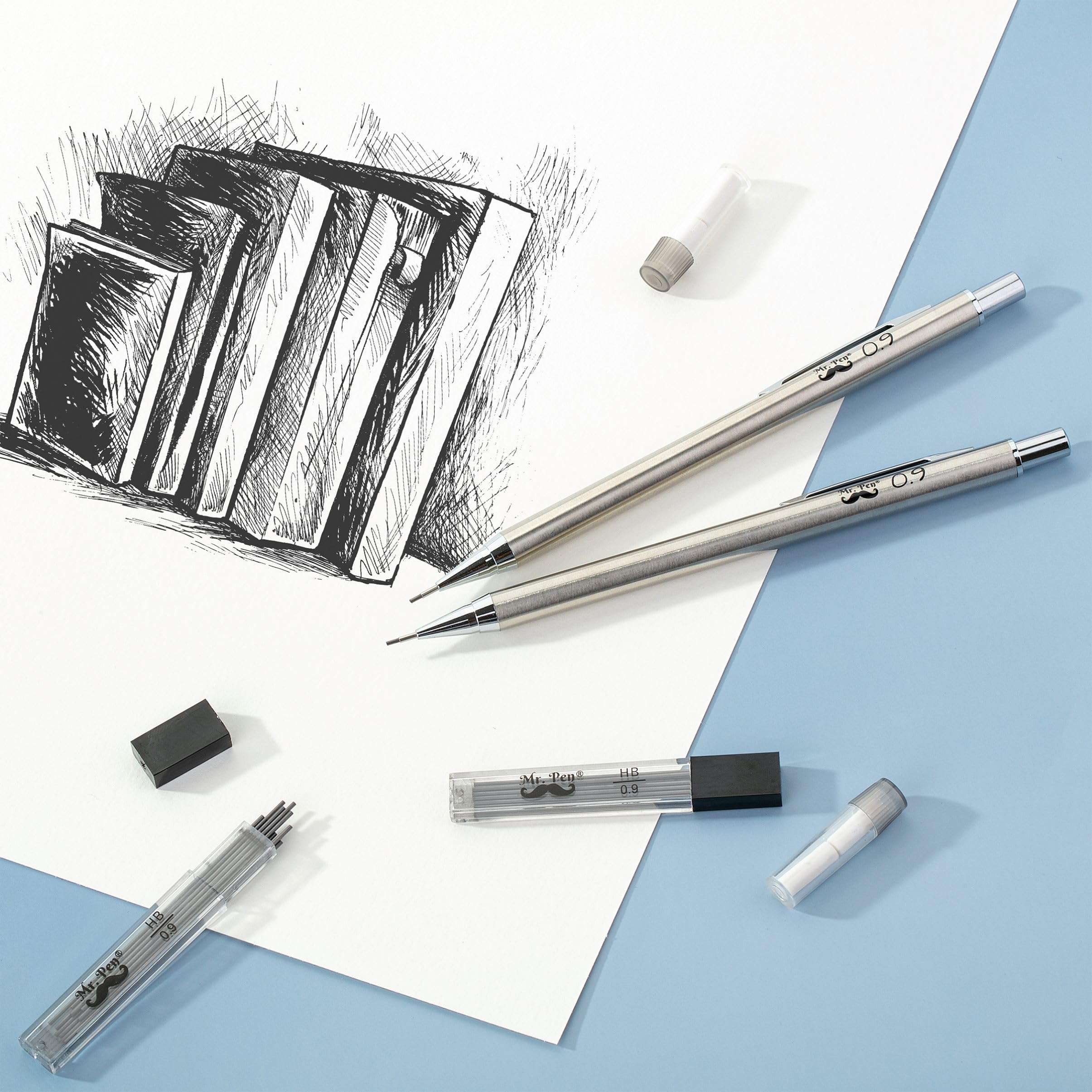 Mr. Pen- Metal Mechanical Pencil Set with Lead Refills & Erasers, 2 Pack, 0.9mm, 4x Tubes 2B Lead Refill, 4x Eraser Refills for School Supplies, Note Taking, Drawing, Sketching, Office - Image 2