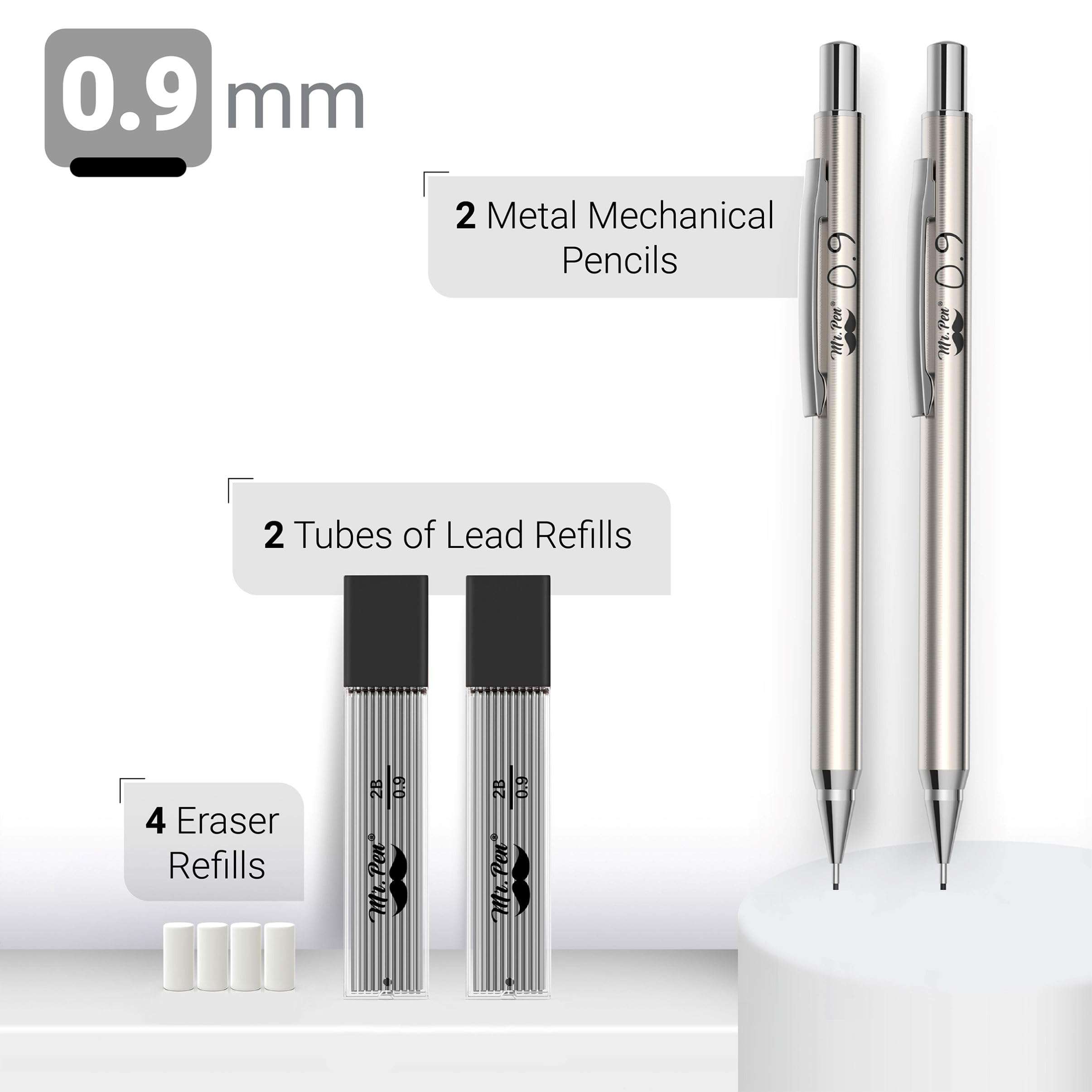 Mr. Pen- Metal Mechanical Pencil Set with Lead Refills & Erasers, 2 Pack, 0.9mm, 4x Tubes 2B Lead Refill, 4x Eraser Refills for School Supplies, Note Taking, Drawing, Sketching, Office - Image 3