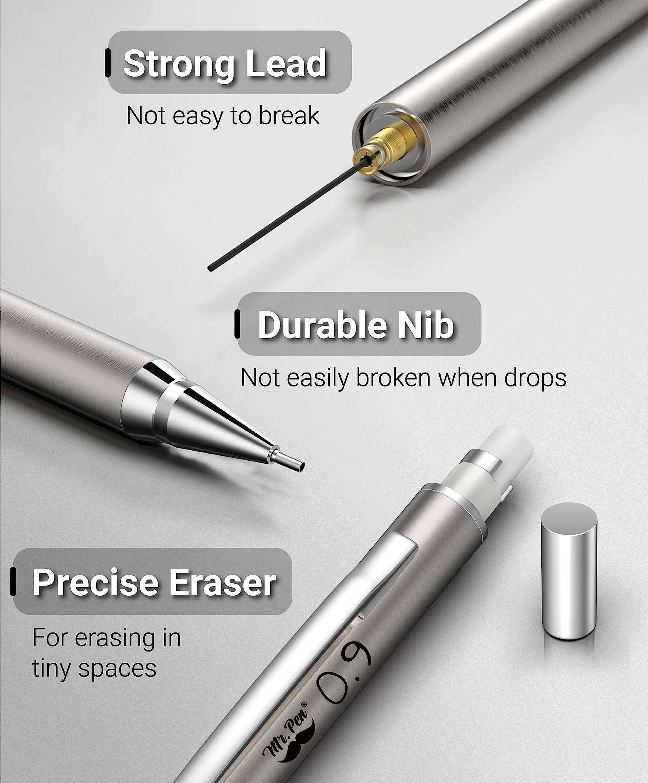 Mr. Pen- Metal Mechanical Pencil Set with Lead Refills & Erasers, 2 Pack, 0.9mm, 4x Tubes 2B Lead Refill, 4x Eraser Refills for School Supplies, Note Taking, Drawing, Sketching, Office - Image 4