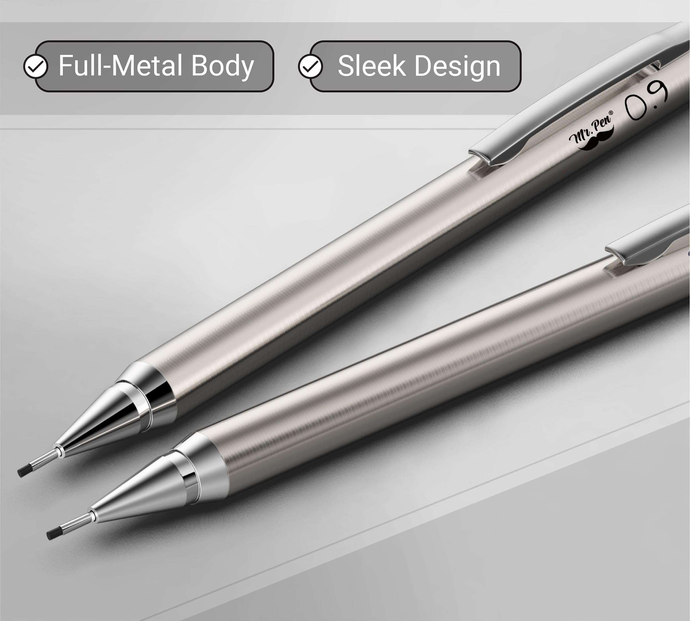 Mr. Pen- Metal Mechanical Pencil Set with Lead Refills & Erasers, 2 Pack, 0.9mm, 4x Tubes 2B Lead Refill, 4x Eraser Refills for School Supplies, Note Taking, Drawing, Sketching, Office - Image 5