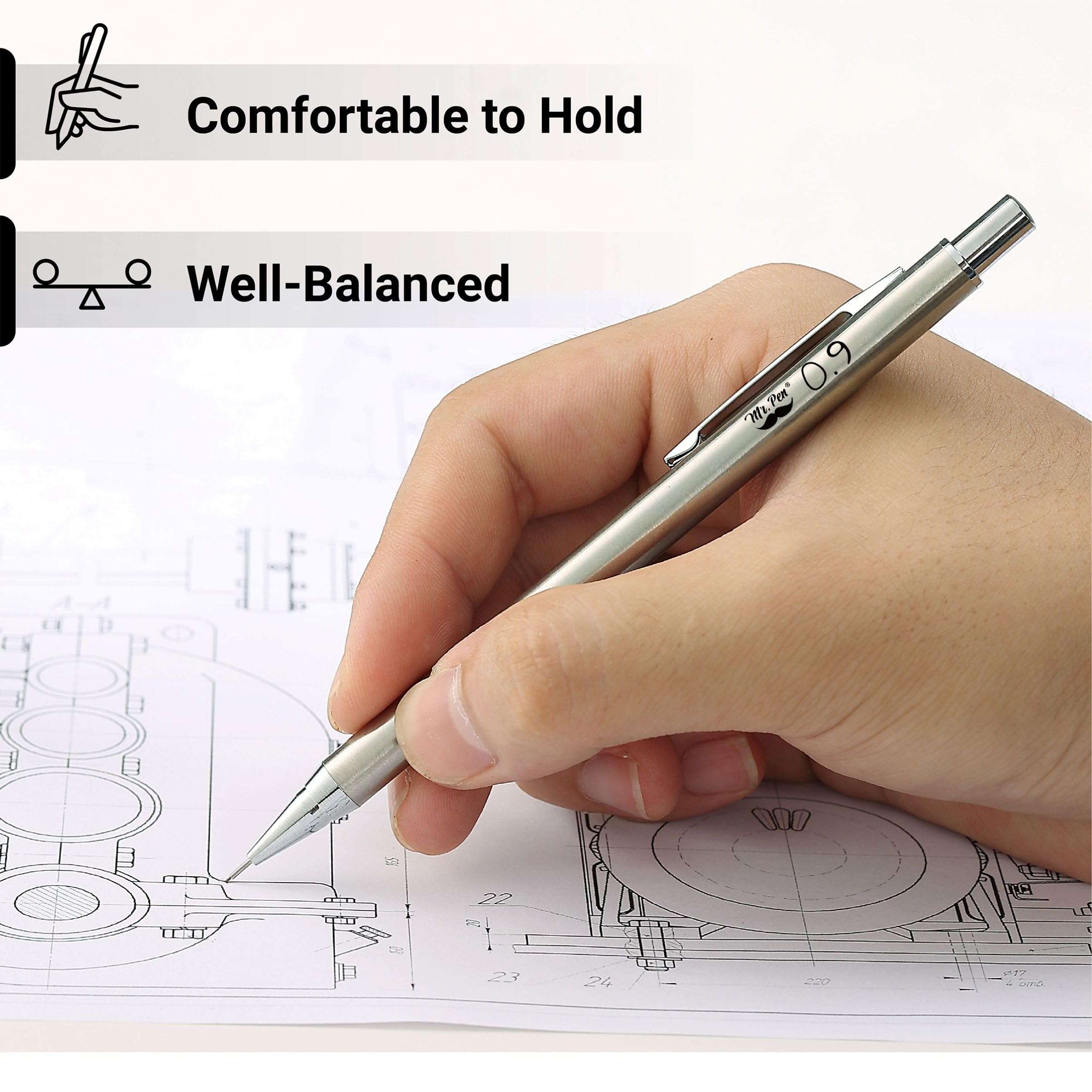 Mr. Pen- Metal Mechanical Pencil Set with Lead Refills & Erasers, 2 Pack, 0.9mm, 4x Tubes 2B Lead Refill, 4x Eraser Refills for School Supplies, Note Taking, Drawing, Sketching, Office - Image 6