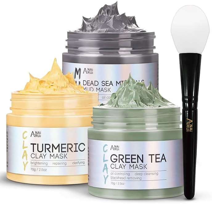ANAI RUI 3 Pcs Face Mask Set - Turmeric Clay Mask - Green Tea Face Mask - Dead Sea Mud Mask for Oily Skin, Blackheads & Pores -Spa Gift Set Self Care for Women Teens 2.5 oz Each - Image 1