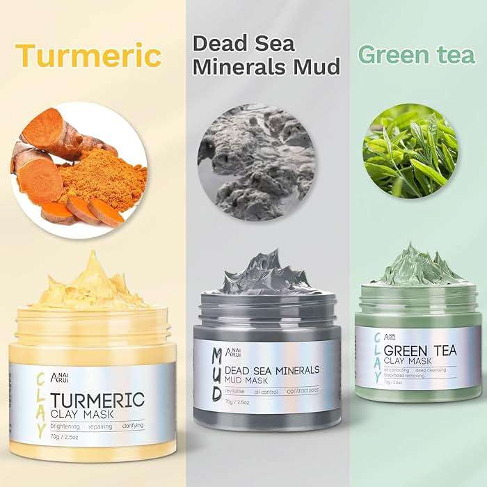 ANAI RUI 3 Pcs Face Mask Set - Turmeric Clay Mask - Green Tea Face Mask - Dead Sea Mud Mask for Oily Skin, Blackheads & Pores -Spa Gift Set Self Care for Women Teens 2.5 oz Each - Image 2