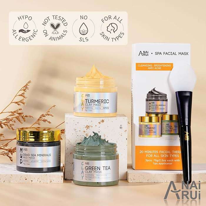 ANAI RUI 3 Pcs Face Mask Set - Turmeric Clay Mask - Green Tea Face Mask - Dead Sea Mud Mask for Oily Skin, Blackheads & Pores -Spa Gift Set Self Care for Women Teens 2.5 oz Each - Image 8