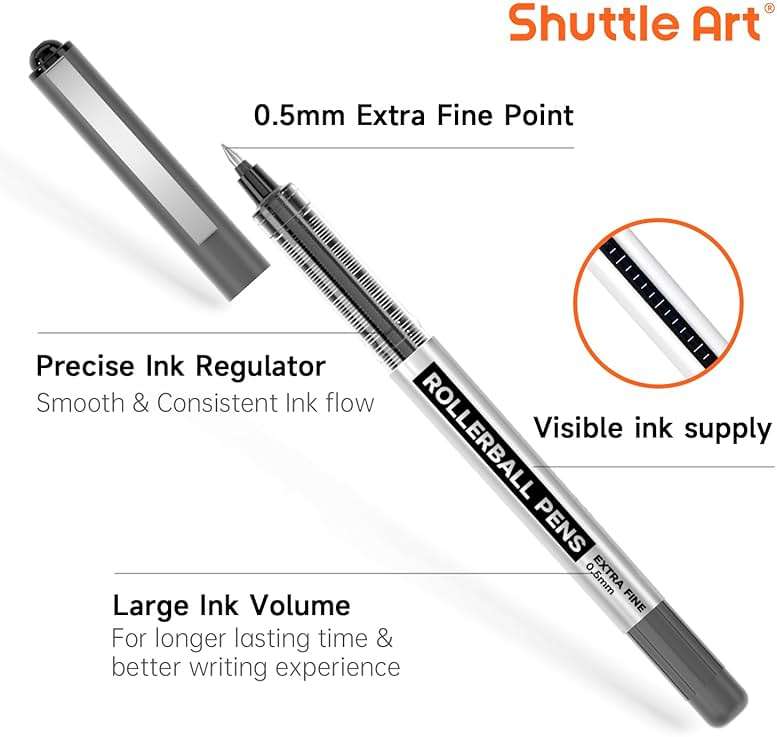 Shuttle Art RollerBall Pens, 25 Pack Black Fine Point Roller Ball Pens, 0.5mm Liquid Ink Pens for Writing Journaling Taking Notes School Office - Image 3