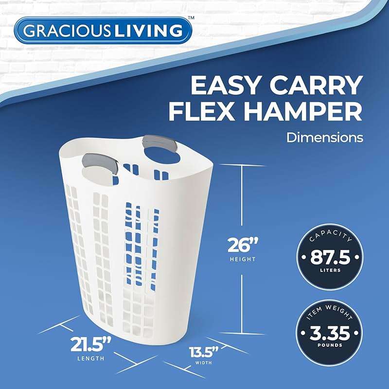 Gracious Living Laundry Basket, Easy Carry Flex Collapsible Hamper, 87.5 Liters, White - Large Plastic Clothes Storage Organizer for Home, Bathroom, and Bedroom - Image 3