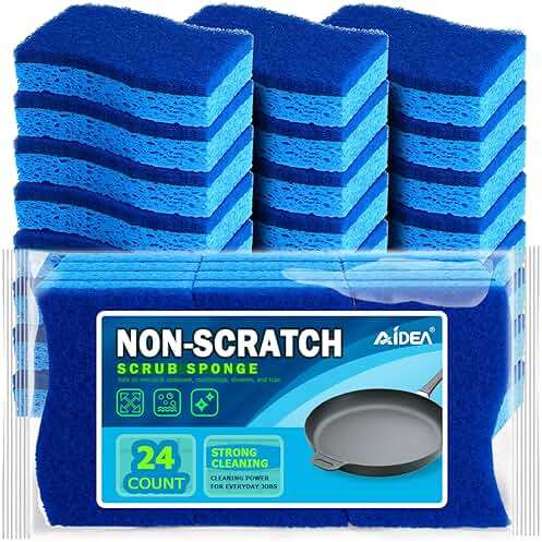 AIDEA Non Scratch Scrub Sponge, 24Count, Sponges for Dishes, Sponges Kitchen, Cleaning Sponge, Cleans Fast Without Scratching, Stands Up to Stuck-on Grime, Cleaning Power for Everyday Jobs - Image 1