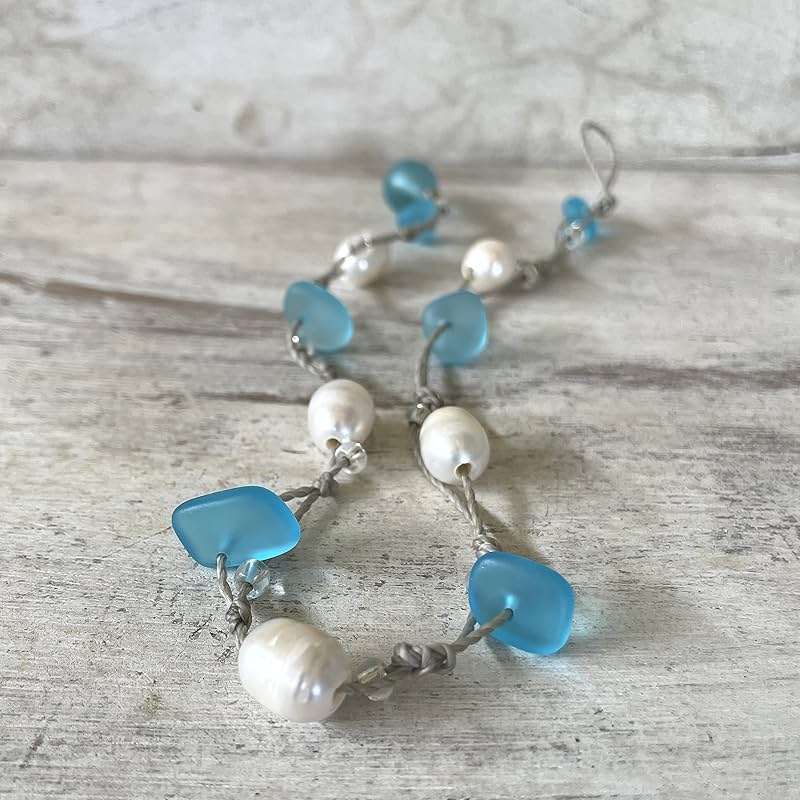 Beach Soul Freshwater Pearl and Turquoise Blue Sea Glass Wrap Bracelet or Anklet, Waterproof and Metal Free, Resort and Island Jewelry, Handmade in the Caribbean - Image 3