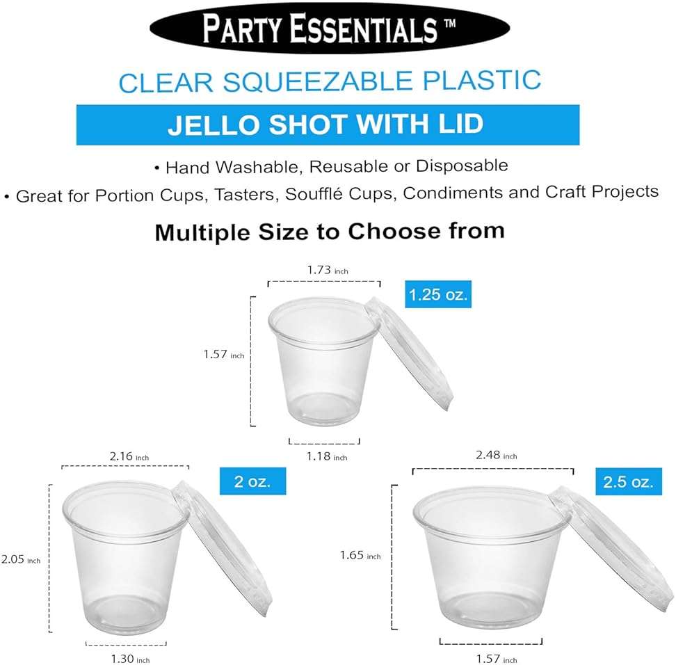 Party Essentials Squeezable Plastic Gelatin/Jello Shot Glasses/Portion Souffle Cups/Condiment Sauce Containers with Lids, 100 Sets, 2 oz. Clear - Image 7