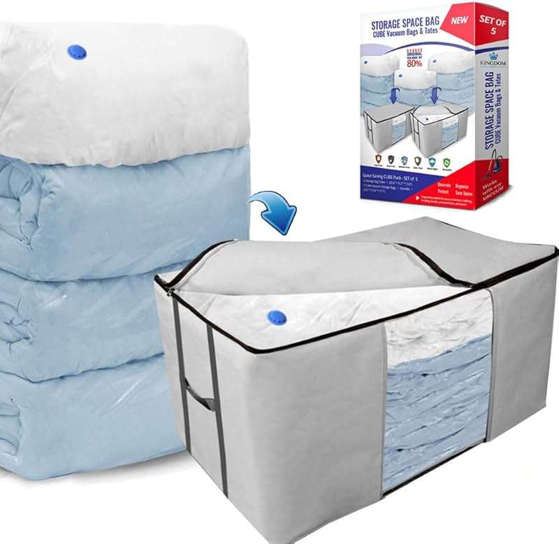 Cube Vacuum Storage Bags, Space Saver Bags, Premium Totes with Cubic Vacuum Compression Seal Bags for Clothing & Bedding. Space Saving Jumbo Organizer for Storing Clothes, Comforters,Blankets,Pillows+ - Image 1