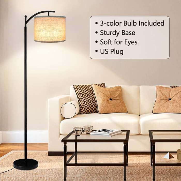 ROTTOGOON Floor Lamp for Living Room with 3 Color Temperatures LED Bulb, Standing Lamp Tall Industrial Floor Lamp Reading for Bedroom, Office (9W LED Bulb, Beige Lampshade Included) -Black - Image 7