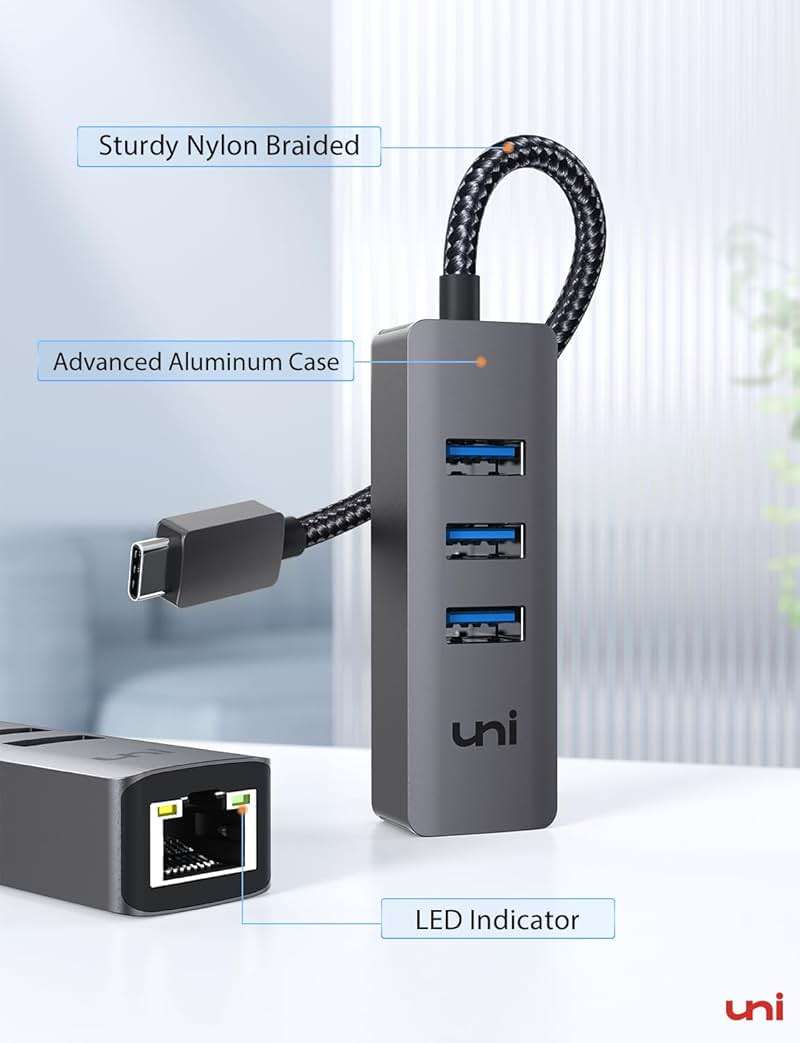 uni USB-C to Ethernet Adapter, USB C HUB Ethernet 1Gbps with USB 3.0 4IN1, [Thunderbolt 4/3 Compatible] USB C to Network Adapter for MacBook Pro/Air, iPad Pro, Surface Laptop, Chromebook, etc - Image 6