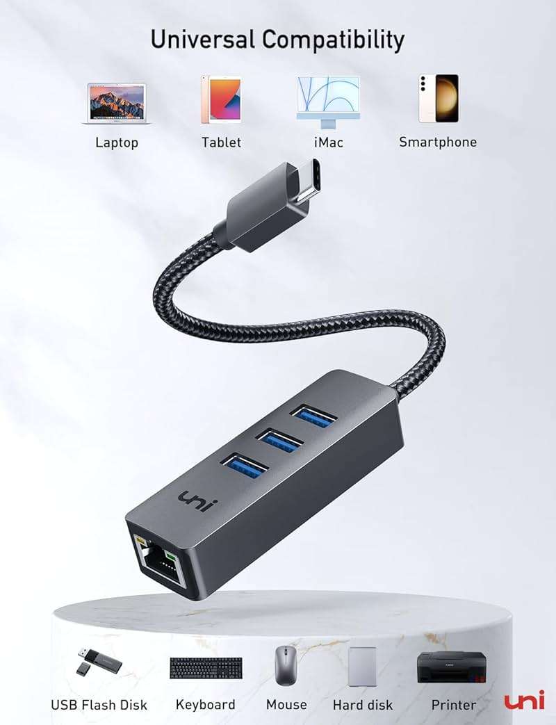 uni USB-C to Ethernet Adapter, USB C HUB Ethernet 1Gbps with USB 3.0 4IN1, [Thunderbolt 4/3 Compatible] USB C to Network Adapter for MacBook Pro/Air, iPad Pro, Surface Laptop, Chromebook, etc - Image 8