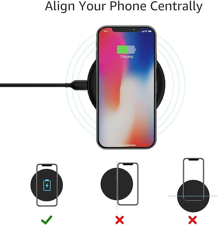 Amazon Basics 15W Qi Certified Wireless Charging Pad for iPhone 16/15/14/13/12/11/X, Samsung and More, with USB Cable, Black - Image 4