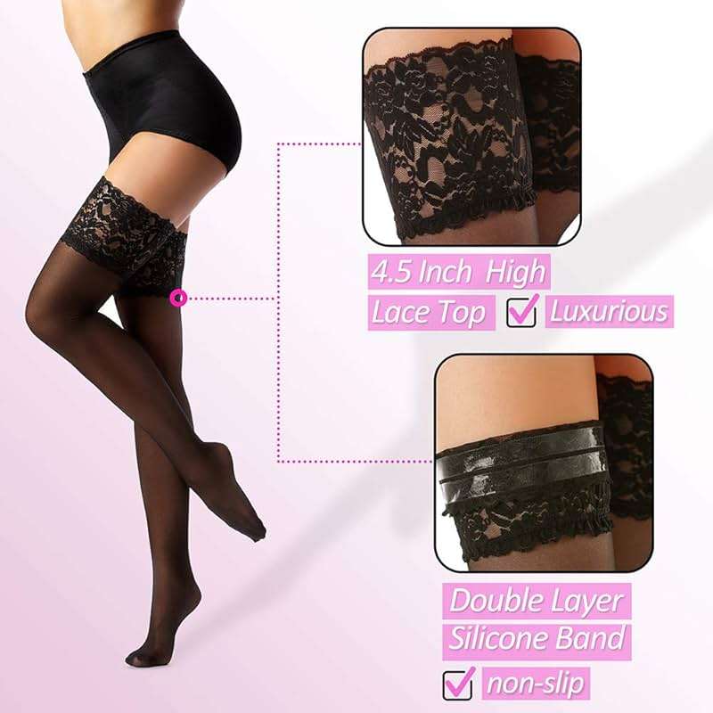 G&Y Thigh High Stockings with Silicone - 15D Sheer Lace Top Nylon Stay Up Pantyhose for Women - Image 4