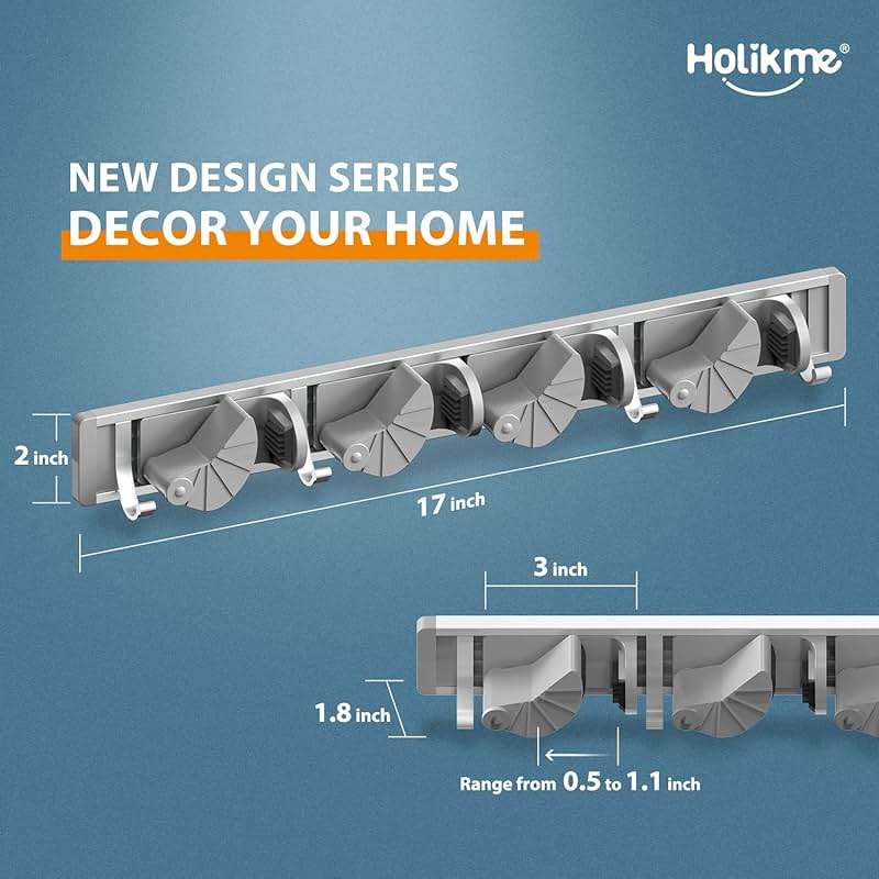 Holikme Mop Broom Holder Wall Mount Metal Pantry Organization and Storage Garden Kitchen Tool Organizer Wall Hanger for Home Goods (4 Positions with 4 Hooks, Silver) - Image 2