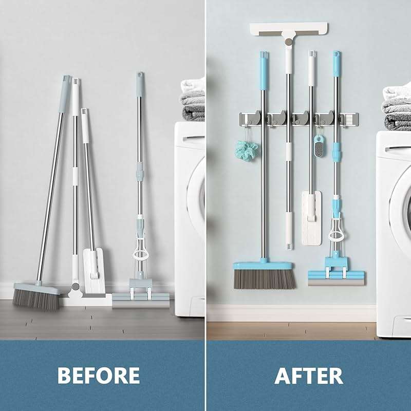 Holikme Mop Broom Holder Wall Mount Metal Pantry Organization and Storage Garden Kitchen Tool Organizer Wall Hanger for Home Goods (4 Positions with 4 Hooks, Silver) - Image 5