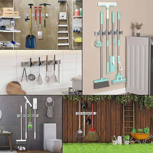 Holikme Mop Broom Holder Wall Mount Metal Pantry Organization and Storage Garden Kitchen Tool Organizer Wall Hanger for Home Goods (4 Positions with 4 Hooks, Silver) - Image 6