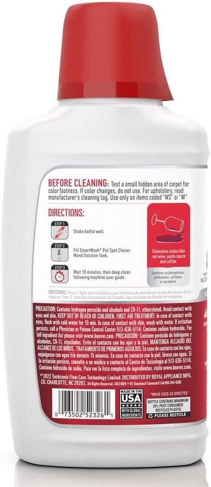 Hoover Oxy Spot Chaser Cleaner Solution Refill for SmartWash Pet, 32 oz., Stain Remover and Pretreat formula, Upholstery and Carpet Shampooer Solution, Designed for Hoover SmartWash Pet - Image 2
