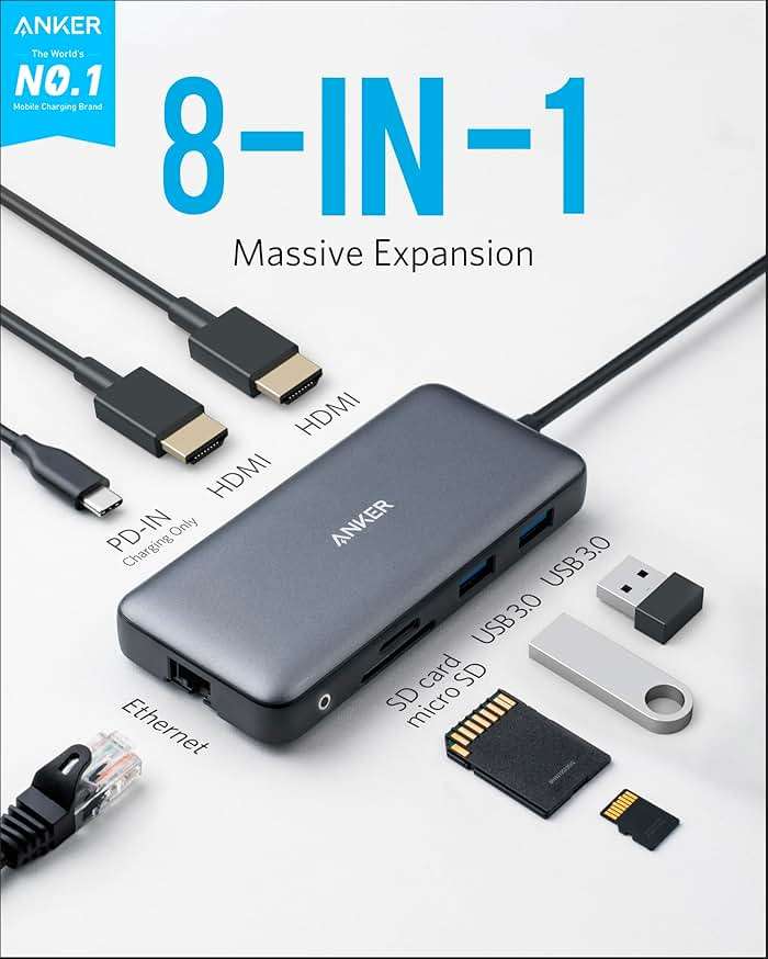 Anker Laptop Docking Station Dual Monitor, 8-in-1 USB C Hub, 4K Dual Monitor with 2 HDMI, 1 Gbps Ethernet Hub, 85W Power Delivery, SD Card Reader, for XPS and More (Charger not Included) - Image 2