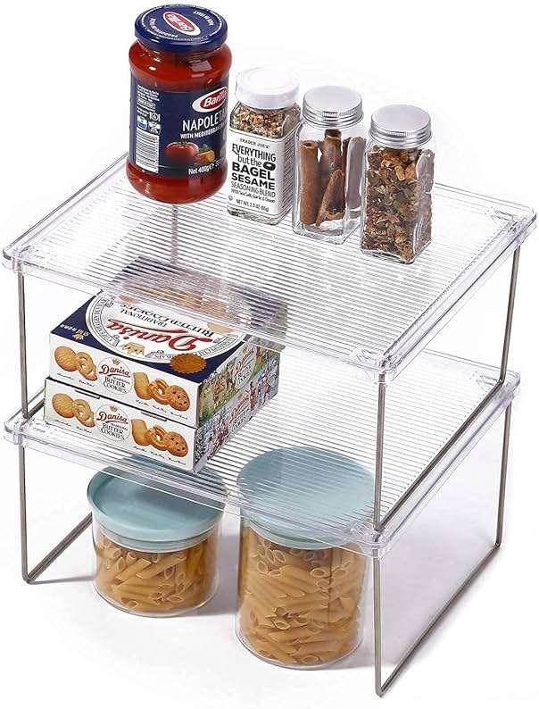 IVYHOME Pantry Organizer, Cabinet Storage Shelf Rack, Stackable Kitchen Cabinet, Foldable Countertop Shelf Organizer, 2 Pack - Image 1