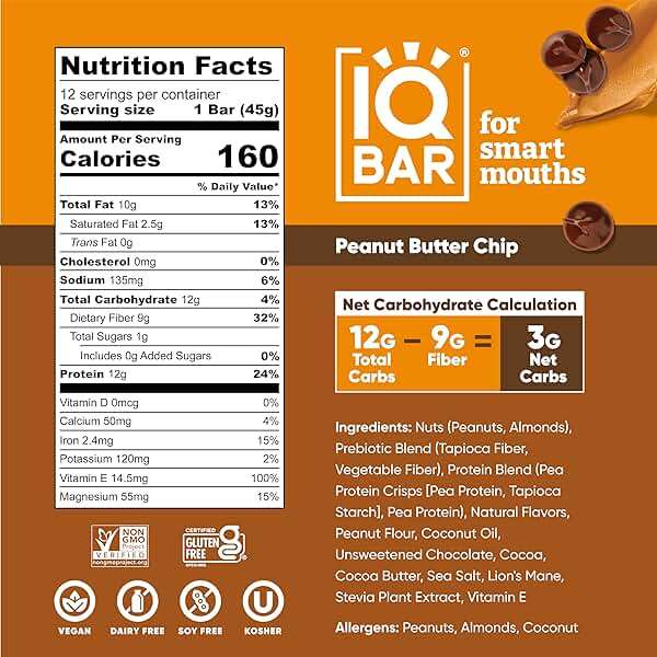 IQBAR Clean Plant Protein Bars - Peanut Butter Chip - 12 Count - Keto, Vegan, High Fiber, Gluten and Dairy Free, Low Sugar Snack - Brain and Body Nutrients for Focus, Energy, Meal Replacement - Image 2
