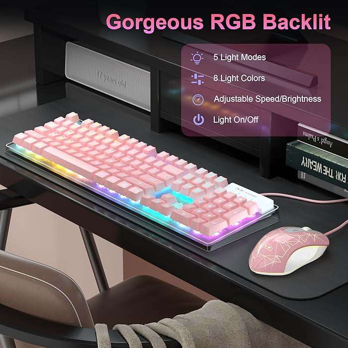 Gaming Keyboard and Mouse Combo, K1 RGB LED Backlit Keyboard with 104 Keys Computer PC Gaming Keyboard for PC/Laptop (Pink) - Image 3