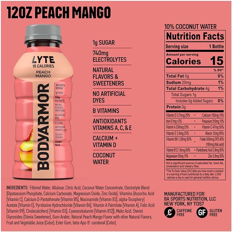 BODYARMOR LYTE, Peach Mango, Electrolyte Drink, 15 Calories, 12 Fl Oz Bottles (8 Pack), Coconut Water Sports Drink, Natural Flavor & B Vitamins - Image 2