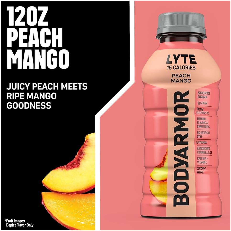 BODYARMOR LYTE, Peach Mango, Electrolyte Drink, 15 Calories, 12 Fl Oz Bottles (8 Pack), Coconut Water Sports Drink, Natural Flavor & B Vitamins - Image 3