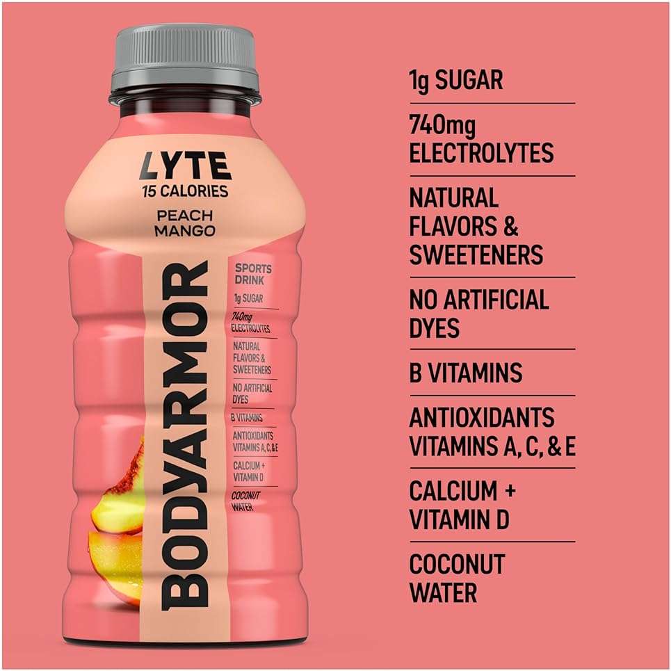 BODYARMOR LYTE, Peach Mango, Electrolyte Drink, 15 Calories, 12 Fl Oz Bottles (8 Pack), Coconut Water Sports Drink, Natural Flavor & B Vitamins - Image 7