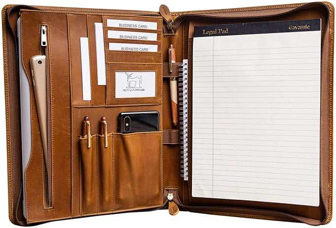 Gavarnie Genuine Leather Professioal Business Portfolio Padfolio Folder with Zipper for Men and Women,Work Portfolio for Letter Size Notepad, for Meeting and Travel, Brown - Image 1