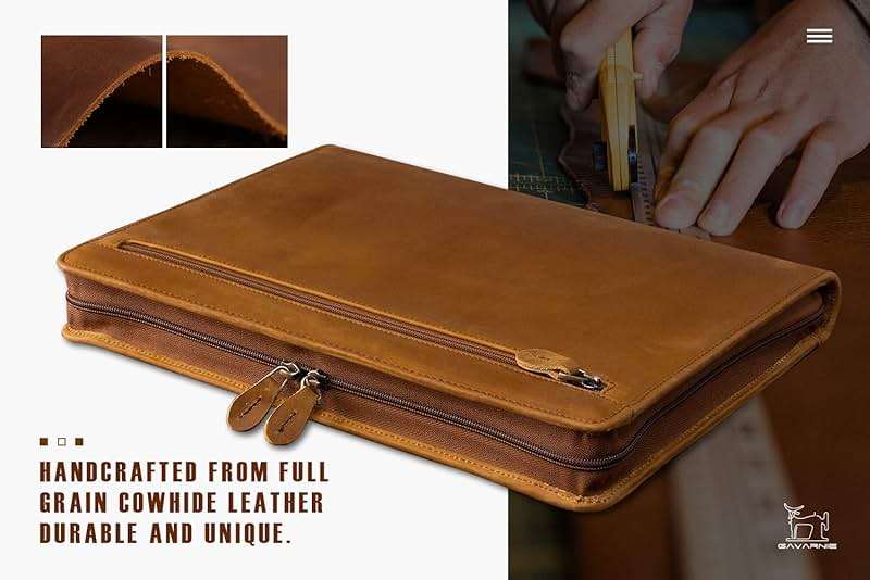 Gavarnie Genuine Leather Professioal Business Portfolio Padfolio Folder with Zipper for Men and Women,Work Portfolio for Letter Size Notepad, for Meeting and Travel, Brown - Image 2