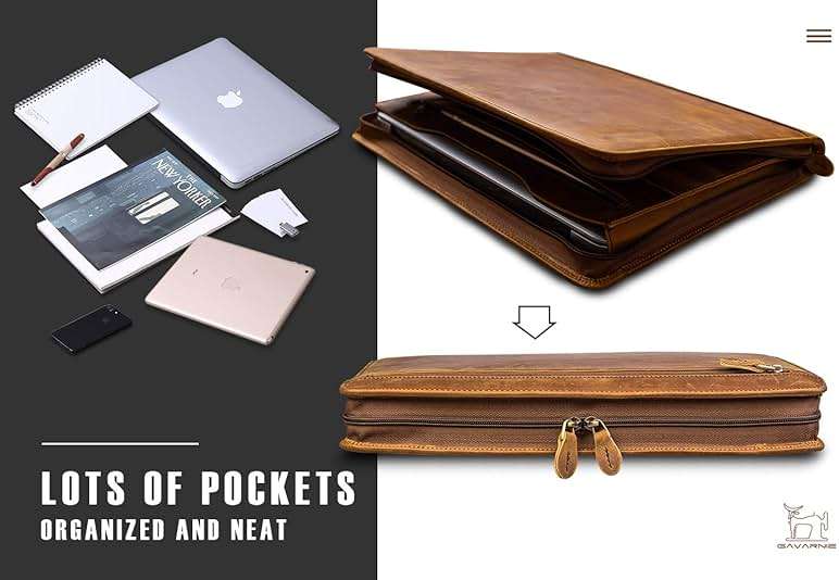 Gavarnie Genuine Leather Professioal Business Portfolio Padfolio Folder with Zipper for Men and Women,Work Portfolio for Letter Size Notepad, for Meeting and Travel, Brown - Image 3