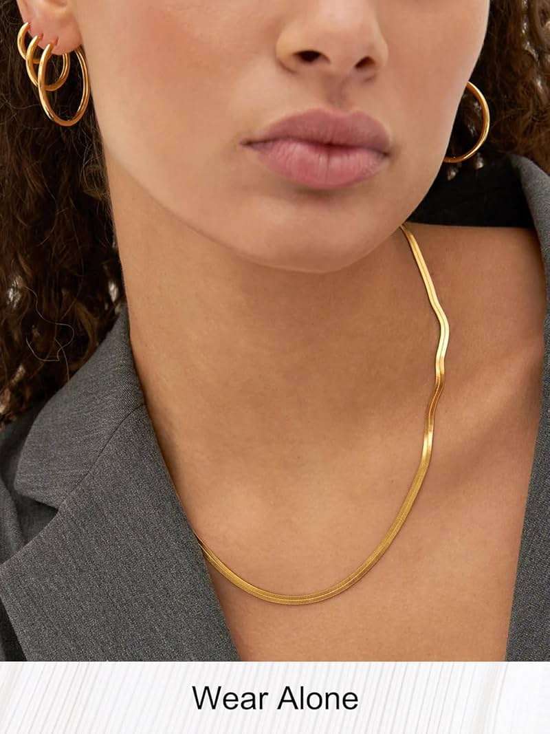 FOCALOOK 14K Gold Plated Necklaces for Women, Fashion Herringbone Choker Necklace Stainless Steel Flat Snake Chain 3/5MM(W) 12.5"/15"/18"+3.5"(L) - Image 3