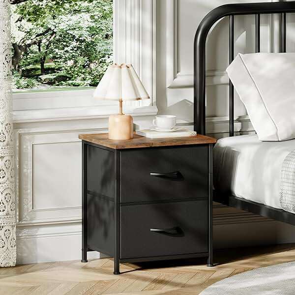 Somdot Nightstand, Small 2 Drawer Dresser End Table, Chest of Drawers, Bedside Table Night Stand End Table with Fabric Bins for Bedroom Kids Closet Dorm Guest Room, Black Rustic Brown - Image 2