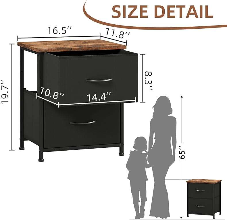Somdot Nightstand, Small 2 Drawer Dresser End Table, Chest of Drawers, Bedside Table Night Stand End Table with Fabric Bins for Bedroom Kids Closet Dorm Guest Room, Black Rustic Brown - Image 3