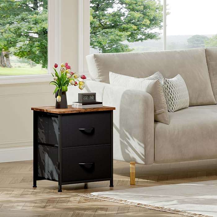 Somdot Nightstand, Small 2 Drawer Dresser End Table, Chest of Drawers, Bedside Table Night Stand End Table with Fabric Bins for Bedroom Kids Closet Dorm Guest Room, Black Rustic Brown - Image 4